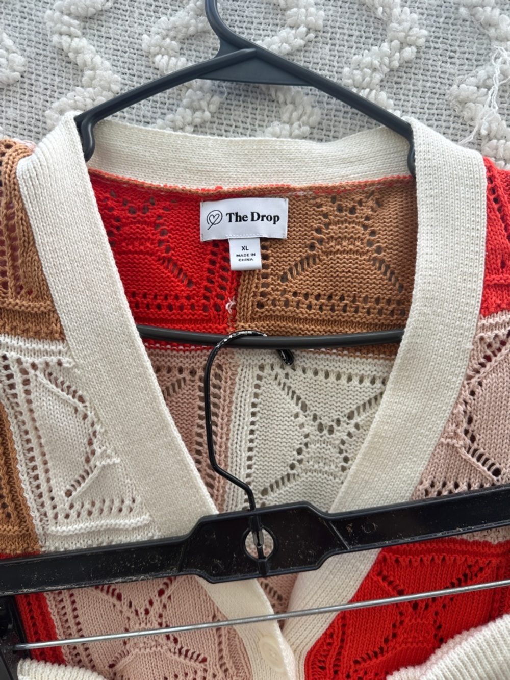 Open-Knit Patchwork Cardigan Sweater - Cream Red Tan - Picture 2 of 9